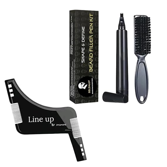 Beard Pencil Filler and Stencil Guide Template Shaper for Men Beard Lineup Tool Shape kit Waterproof Pen with Brush Barber Styling Pencil Grooming Kit (Black Pen & Black Liner Kit)