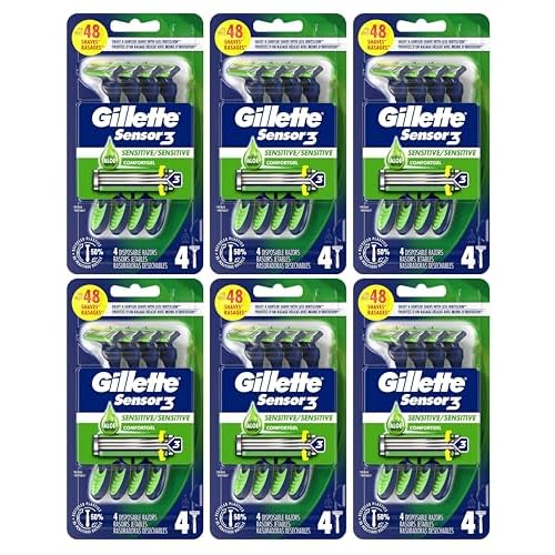 Gillette Mens Sensor 3 Razor Sensitive Disposable 4 Count Pack of 6
