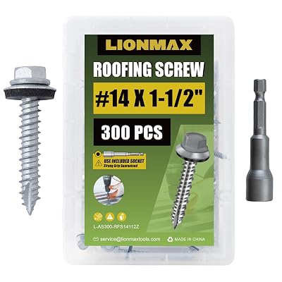 LIONMAX Metal Roofing Screws #14 x 1-12 Inch, 300-PCS, Rusproof Coating Hex Head Sheet Metal Roof Screws, Rubber Washer, Sharp Point, Metal to Wood Siding Screws, Hex Socket Included