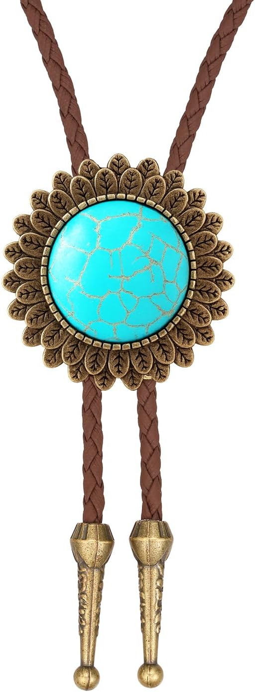 AZORA Western Turquoise Bolo Tie for Men Women Oval Concho Leather Necktie Adjustable Cowboy Accessory