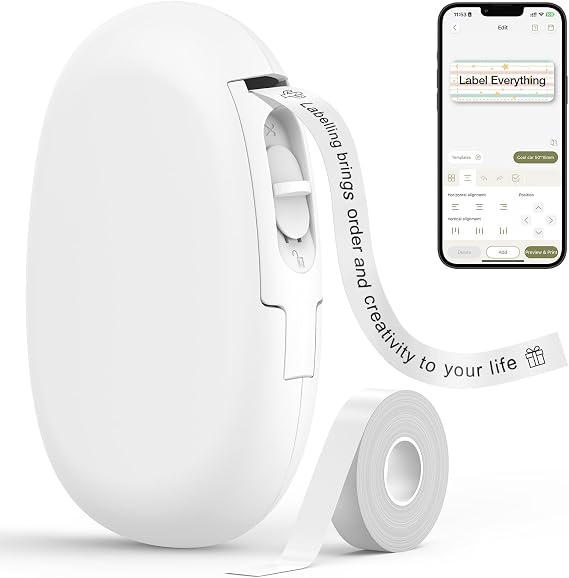 SUPVAN E10 Bluetooth Label Maker Machine with Tape, White | Fits Continuous & Die-Cut Waterproof Label, Easy App Editing, Rechargeable, Inkless, for School, Home, Kitchen, Office