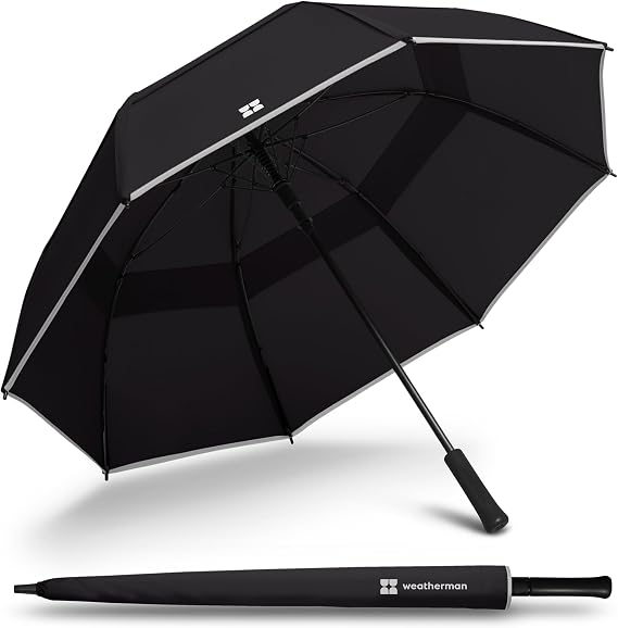 Weatherman Umbrella - Stick Umbrella - Windproof Umbrella Resists Up to 55 MPH Winds (Black)