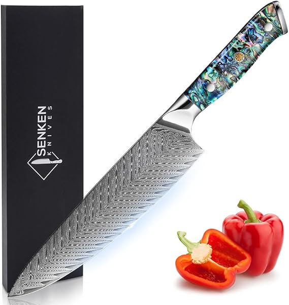 SENKEN Damascus Steel 8" Chef Knife with Real Deep-Sea Abalone Shell Handle - Umi Collection - 67-Layer Japanese VG10 Forged Steel Blade, Integrated Full-Tang Molding, Angled Bolster (8" Chef Knife)