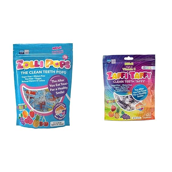 Zollipops Clean Teeth Lollipops (5.2 Ounces) and Cleen Teeth Taffy Natural Fruit (3 Ounces)