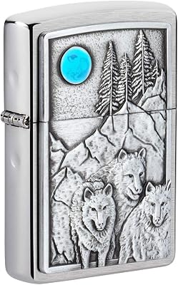 Zippo Wolf Pack and Moon Emblem Brushed Chrome Pocket Lighter