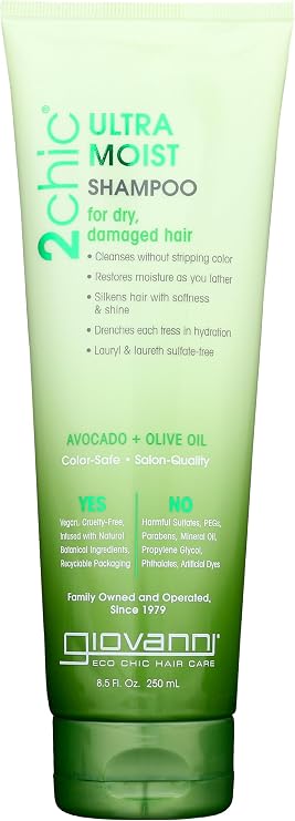 Giovanni 2chic Ultra-Moist Shampoo - Avocado & Olive Oil, Creamy Hydration Formula, Enriched with Aloe Vera, Shea Butter, Botanical Extracts, No Parabens, Color Safe - 8.5 fl oz