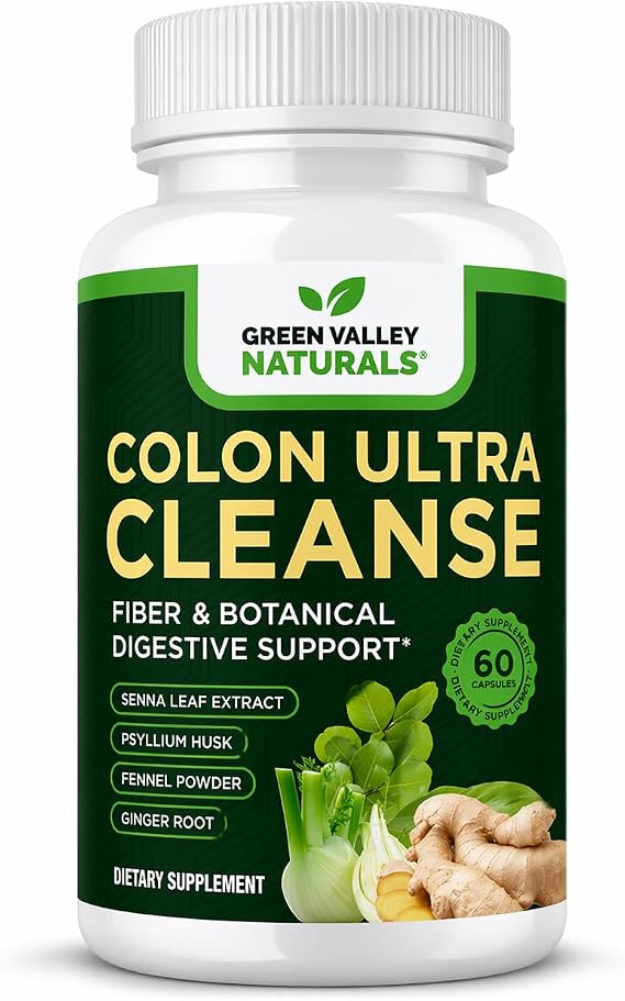 Colon Ultra Cleanse Daily Digestive Health & Regularity Support Psyllium Husk, Senna Leaf, Ginger & Fennel NAC & Goldenseal Non-GMO Made in USA 60 Capsules Green Valley Naturals