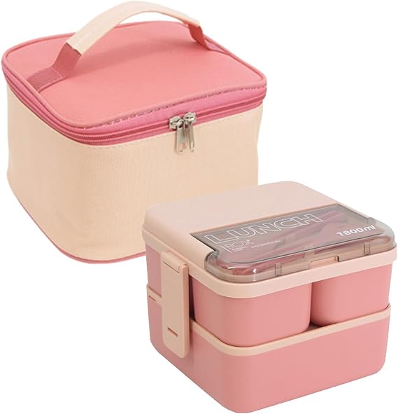 Bento Lunch Box with Compartments, 1800ML Bento Box with Insulated Bag & Cutlery, 2 Layer Leak Proof Bentos Boxs Meal Prep Container Boxs for Kids Adults School Office Picnic(Pink)