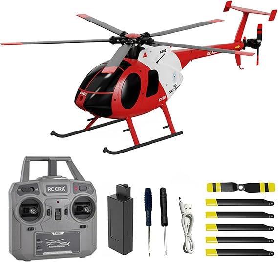 C189 RC Helicopter, 1:28 Scales MD500 Model, 2.4G 6CH RTF Remote Control Helicopter with Brushless Motor, Single Blade Flybarless, Optical Flow Localization 1 Battery - Red