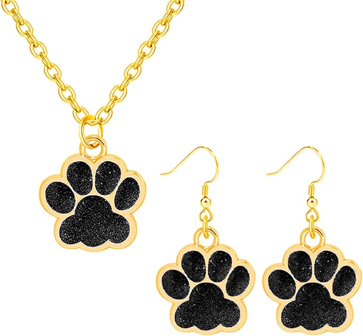 Dreuyet Paw Necklace and Earrings Set for Women Glitter Cute Dog Cat Pet Paw Print Pendant Necklace Earrings Lovely Animal Charm Jewelry Set Gifts