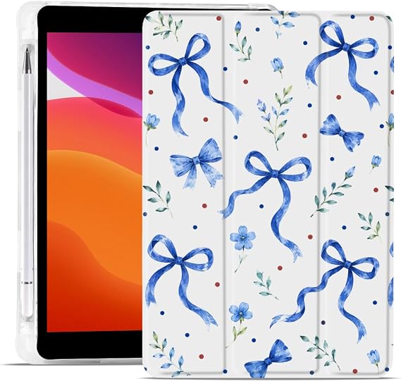 Blue Ribbon Flower Case for iPad Pro 10.5 Inch 2017 | Cute Design Cover for iPad Air 10.5" 3rd Gen 2019 with Pencil Holder,White Leather Tablet Shell Trifold Stand Auto Sleep/Wake