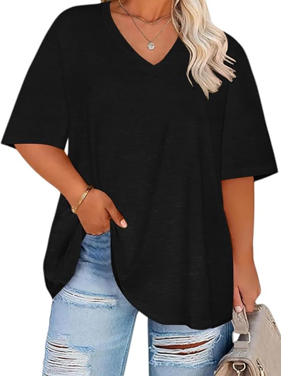 Womens Plus Size Oversized Tshirts Graphic V Neck Short Sleeve Summer Tops