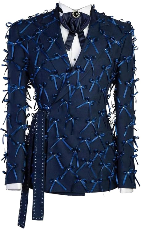 Mens Luxury Blazer Bow Appliques Double Breasted Crystals Beaded Glitter Belt Jacket Prom Party Dinner Groom Tuxedos