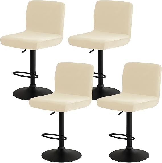 4 Pcs Stretch Velvet Bar Stool Slipcovers, Soft & Comfortable Swivel Chair Covers with Back, Removable Counter Height Chair Covers for Kitchen, Dining, Bar, Pub, Counter Seats (Beige)