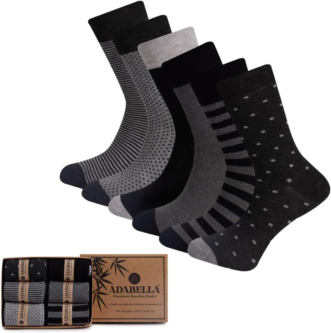 Mens Bamboo Rayon Dress Socks 6 Pack Gift Box Soft Breathable Moisture-Wicking Thin Socks Size 8-12