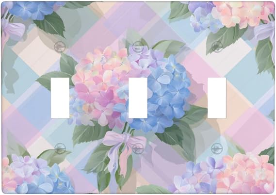 Hydrangea Bouquet Pastel Pink Blue Green Flower Light Switch Covers 3 Gang Triple Toggle Wall Plate Switchplate Electrical Faceplate For Bathroom Kitchen Bedroom Decor