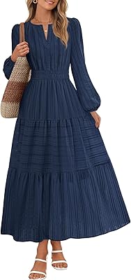MEROKEETY Winter Spring Midi Dresses for Women 2026 Casual Vacation Long Sleeve V Neck Tiered Cotton Maxi Dress Pockets