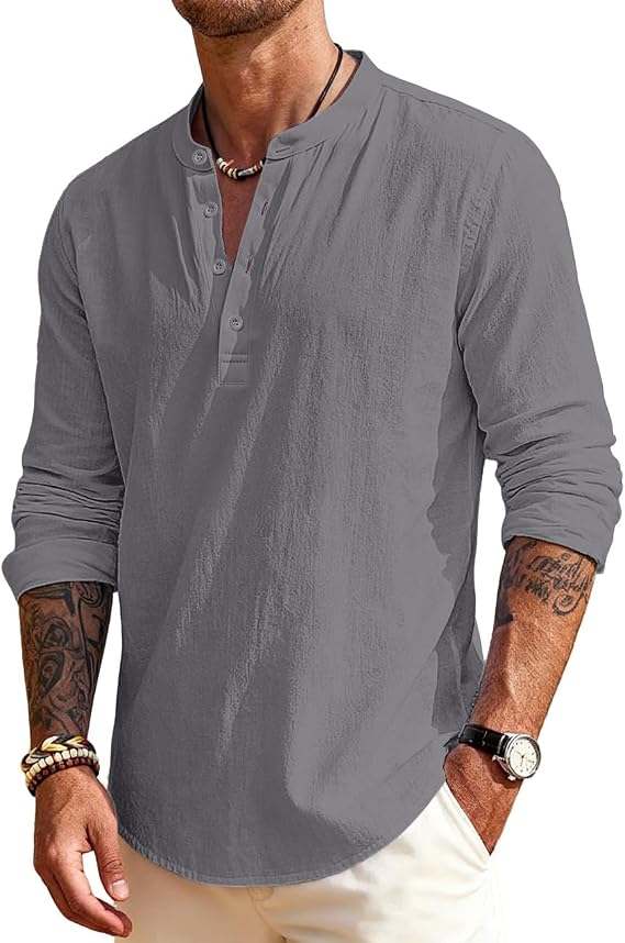 Men's Linen Shirts Henley T-Shirts Long Sleeve Casual Beach T-Shirts Solid Tops Shirts for Men