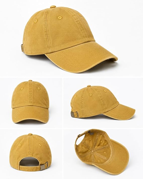 Hardal Sarısı Eskitme Pamuklu Beyzbol Şapkası, Düz, Ayarlanabilir Tokalı, Unisex,Trucker