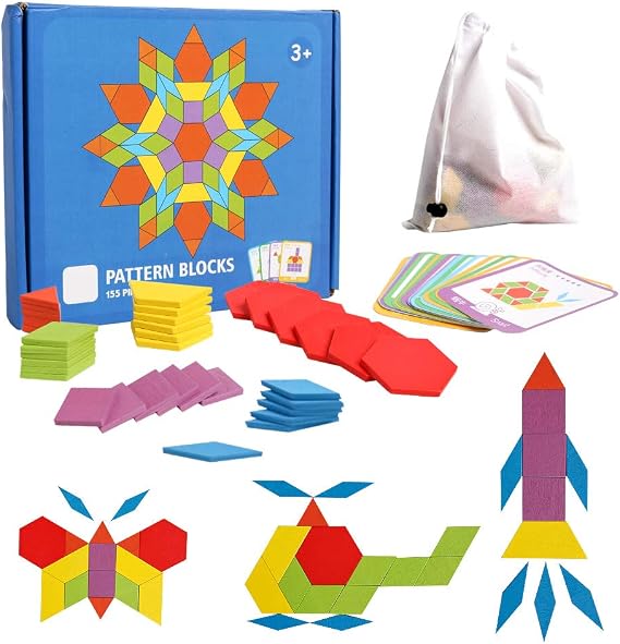 Wooden Pattern Blocks Set 155 Pcs Geometric Shape Puzzle Kindergarten Tangram Brain Teasers Early Educational Montessori for Kids Ages 3-8 with 24 Pcs Design Cards
