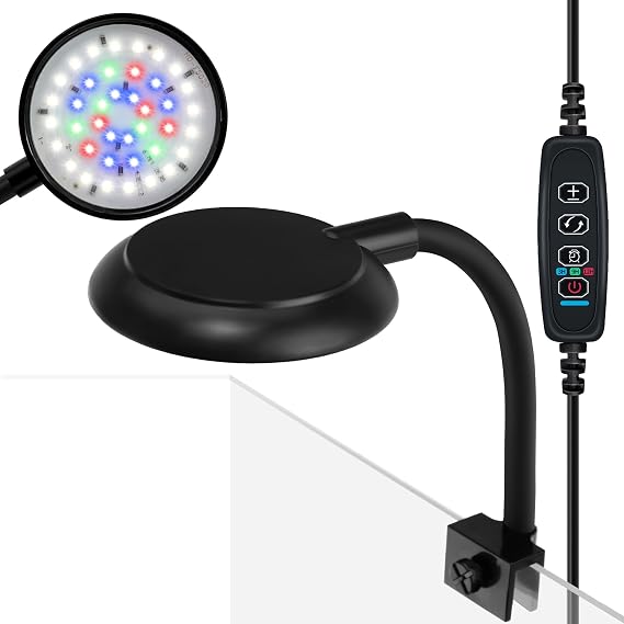 DaToo Mini Clip On Aquarium Light 7W Dimmable Small Fish Tank Light USB Moving Lamp with White Red Blue Green LED for 1 to 3 Gallon Tanks (with Timer)