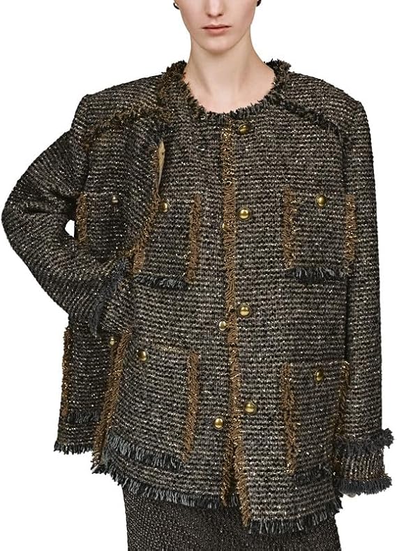 URBAN REVIVO Women's Oversized Wool-Blend Tweed Coat with Frayed Trim, Casual