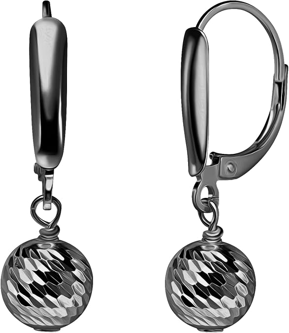 Sea of Ice Sterling Silver Ball Beads Leverback Drop Dangle Earing Diamond-Cut 8mm Ball Beads - Elegant Sterling Silver Earrings for Women Nickel-Free Jewelry