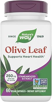 Nature's Way Olive Leaf Standardized Extract Supplement, Supports Heart Health*, 250 mg Per Serving, Gluten Free, Vegan, 60 Capsules (Packaging May Vary)