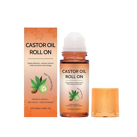 EELHOE Organic Castor Oil Roll-On Cold Pressed for Fuller Brows & Lashes, Skin & Body Moisturizer and Hair Growth, 1.69 oz Glass Bottle