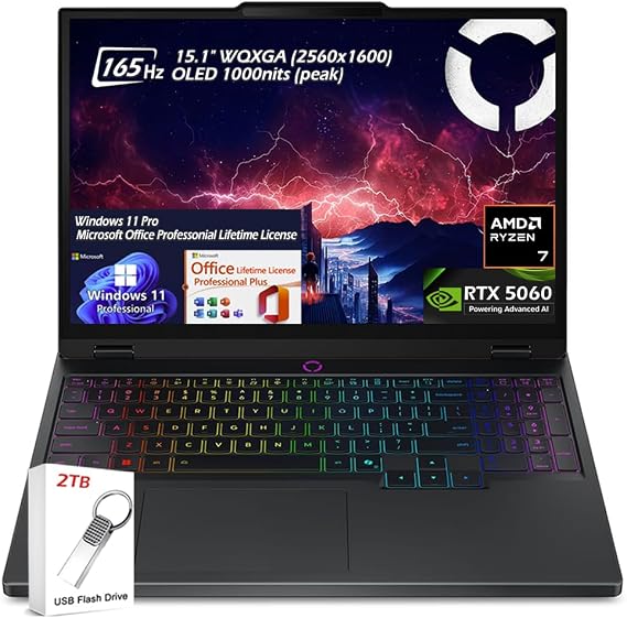 Lenovo Legion 5 15.1" WQXGA OLED 165HZ Gaming Laptop, AMD Ryzen 7 250, RTX 5060, 16GB RAM 2TB SSD, Wi-Fi7, Backlit KB, Win11 Pro & Office Lifetime License, Eclipse Black, w/2TB USB Drive, W/GaLiMu