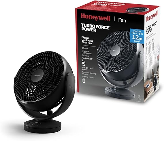 Honeywell Turbo Force Digital Oscillating Floor Fan (Small, Personal Fan for Home or Office with Remote Control and Electronic LED Controls - 3 Speeds and 90 Degree Pivot), Black, (HF715BEV1)