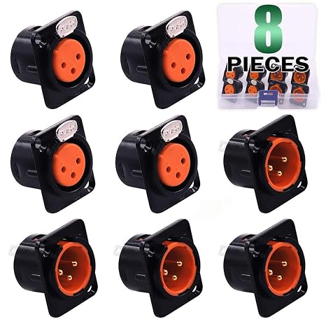 Keadic 8-Pack XLR Male and Female Jack 3 Pin - Chassis Panel Mount Jacks D Series Size, Black Metal Housing - Perfect for Series D Pattern Holes Audio Studio Connector