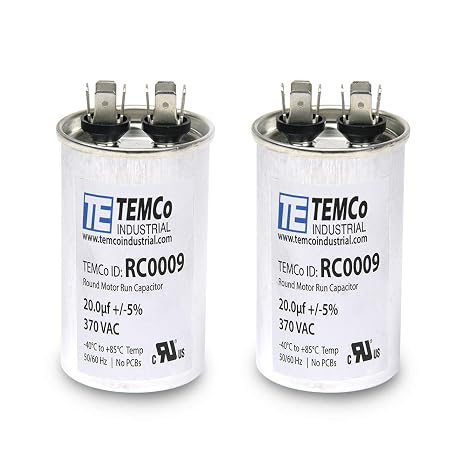 2 Pack TEMCo 20 uF Run Capacitor CBB65, 20 MFD, 370V, Round, 50/60Hz | for HVAC AC Fan, Motor, Blower Applications