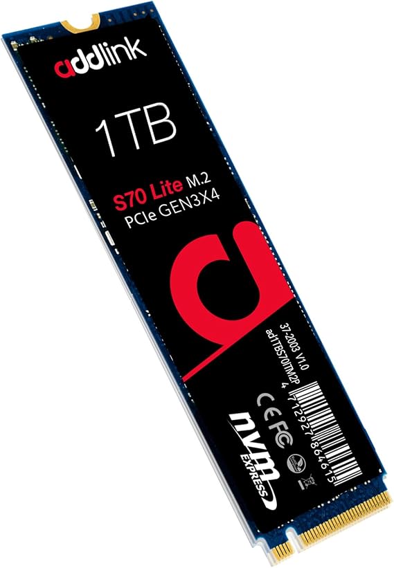 Addlink S70 Lite 1TB NVMe SSD M.2 2280 PCIe Gen3x4, Up to 3,200/2,600 MB/s Read/Write, Internal Solid State Drive for Laptop & Desktop, 3D NAND, (ad1TBS70M2P)