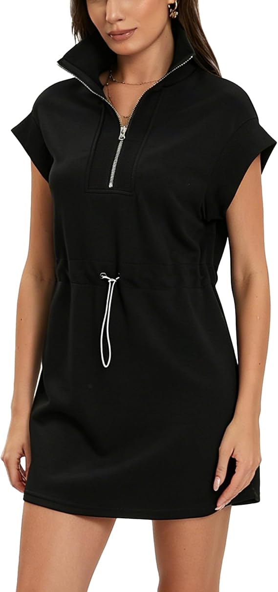 Half Zip Dress for Women, Casual Short Sleeve Drawstring Waist Summer Dress
