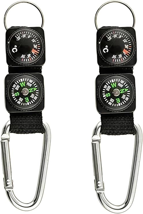 2Pcs Black Carabiner Key Chain Compass Thermometer Metal Camping Outdoor Gadgets Hiking Survival to Multifunctional Mountaineering Sports Outdoor Recreation Accessories