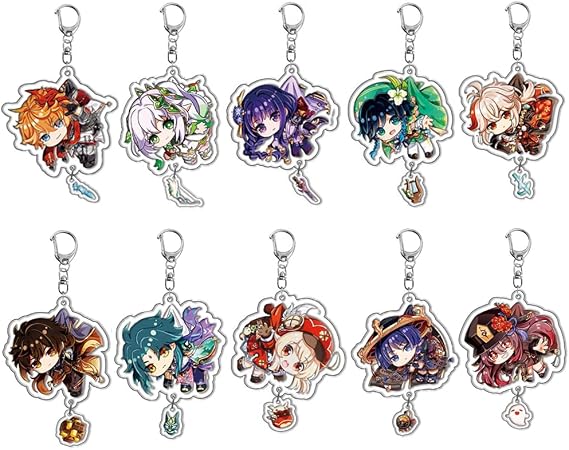 Genshin Impact Keychain set 10 Pack Acrylic Keychains Genshin Anime Cartoon Game Figure Keyring with Pendant