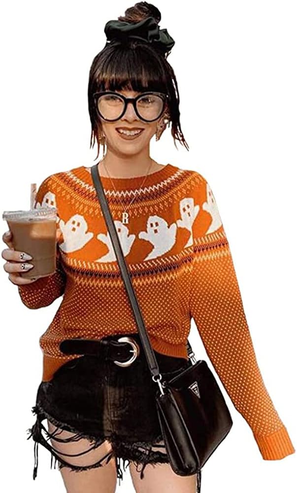 Knitted Sweater for Women with Cute Ghost Pattern Gothic Streetwear with Long Sleeves for Girls Coffee