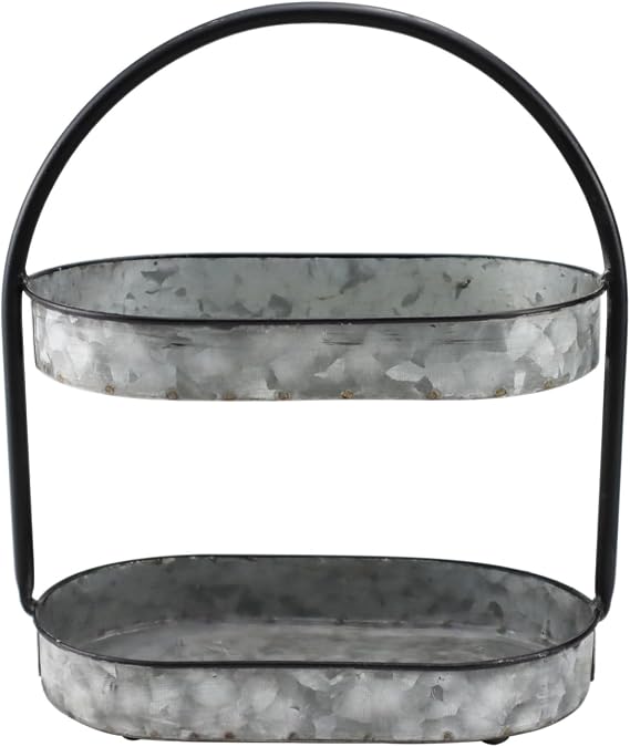 Vintage Small Tray Stand Rustic Galvanized Metal 2 Tier Serving Tray for Cupcake, Dessert, Appetizers, Fruit
