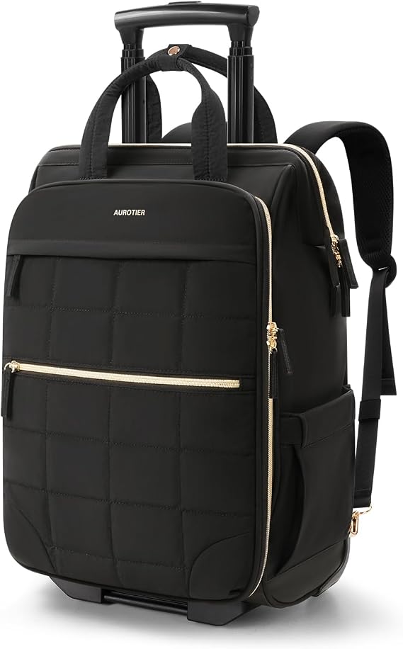 Rolling Puffer Backpack for Women, Wheeled Laptop Backpack, Short-Term Travel Backpack with Wheels, Roller Adults Work Computer Bag, Water Resistant Overnight College Underseat Carry on Luggage, Black