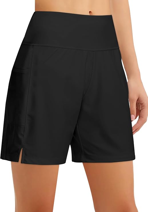 Women's 5" High-Waisted Swim Board Shorts with Liner and Pockets Quick-Dry Beach & Swimming Shorts