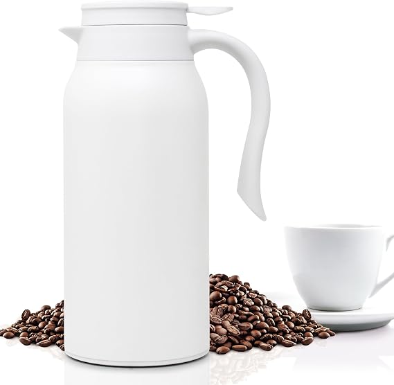 JS Gourmet 40オンス 1200ml ステンレススチール二重壁断熱ホワイトコーヒーカラフェ、保温エアポットで飲み物を保温または保冷、紅茶、エスプレッソ、ホットチョコレートなどに