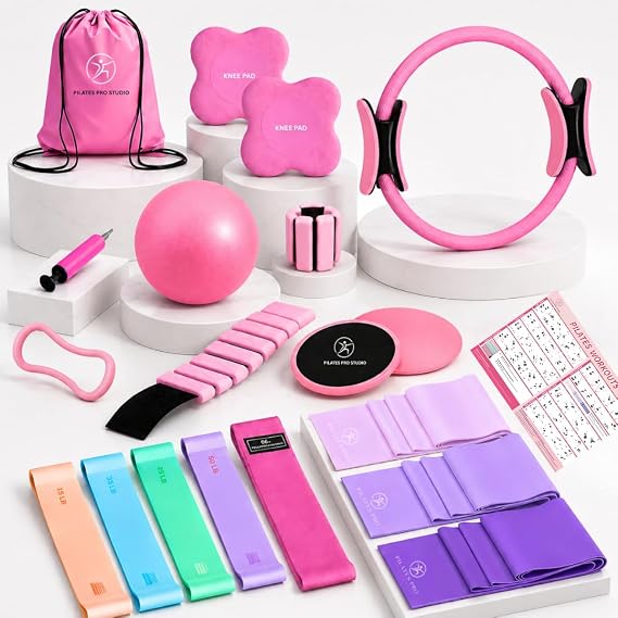 Pilates Kit for Home Workouts, 20-in-1 Pilates Equipment Set with 14.5" Pilates Ring, Pilates Ball, Resistance Bands, Ankle Weights, Exercise Sliders, Yoga Ring & Knee Pads for Joint Protection