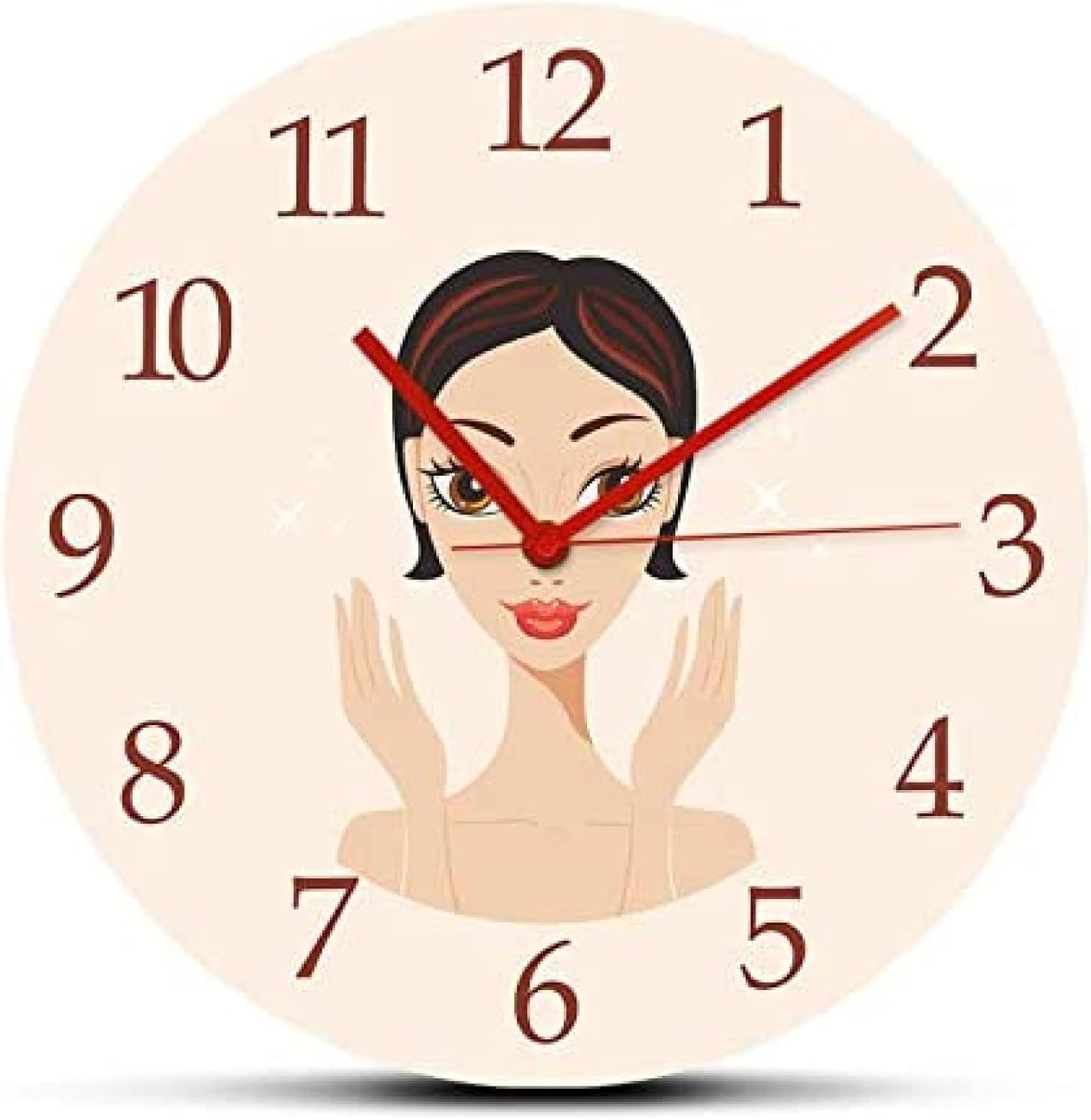 12 Inch Wall Clock Silent Non-Ticking Woman with Flawless Skin Acrylic Rounded Wall Clock Watch for Beauty Salon Spa Skincare Decor Hanging Clocks 30cm