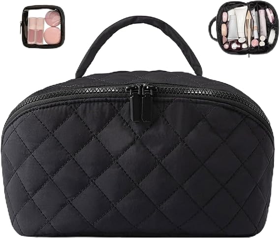 Petition Makeup Bag for Woman, Expandable Makeup Bag, Travel Makeup Bags,Spacious 180 Open Cosmetic Organizer for Toiletries & Brushes Large Capacity with Compartments(Black)