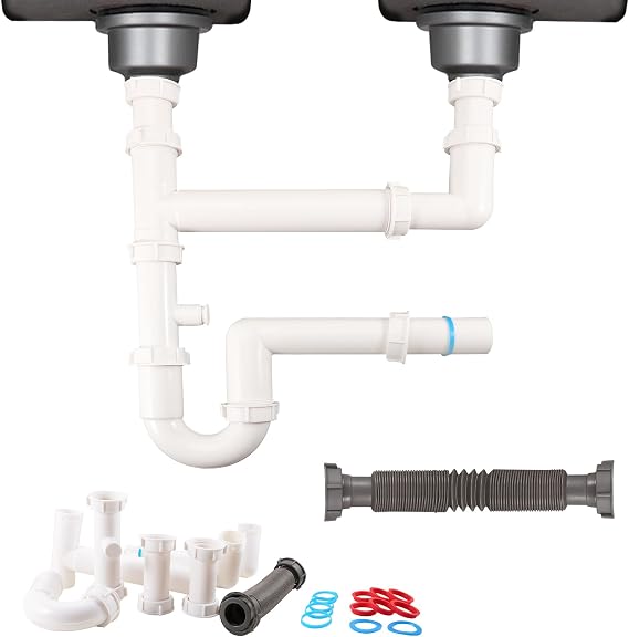 Universal Kitchen Sink Waste Kit, Space-Saving Kitchen Waste P-Trap with Retractable Flexible Pipe Completed Sink Pipe Replacement Kit (DIY Installation)