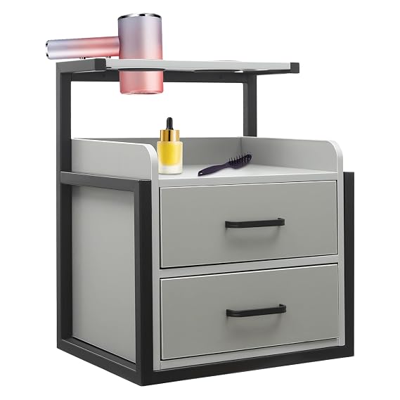 Wall Mounted Salon Cabinet with 2 Drawers & Hair Dryer Stand - Classic Storage Station for Beauty Salon Equipment,Wall Organization in Salon,Bedroom (Black+Grey)