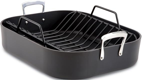 All-Clad E87599 Hard Anodized Aluminum Scratch Resistant Nonstick Anti-Warp Base 16-Inch by 13-Inch Large Roaster Roasting Pan with Nonstick Rack/Cookware, Black