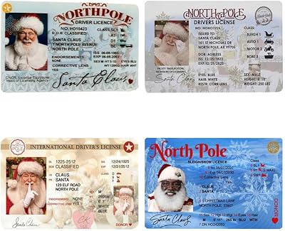Santa Claus Lost Drivers License Christmas Decorations,Novelty Santa Sleigh Flying License ID Card,Santa Claus Card Flight License Christmas Eve Key Box Gift Xmas Tree Hanging Ornaments 4PCS