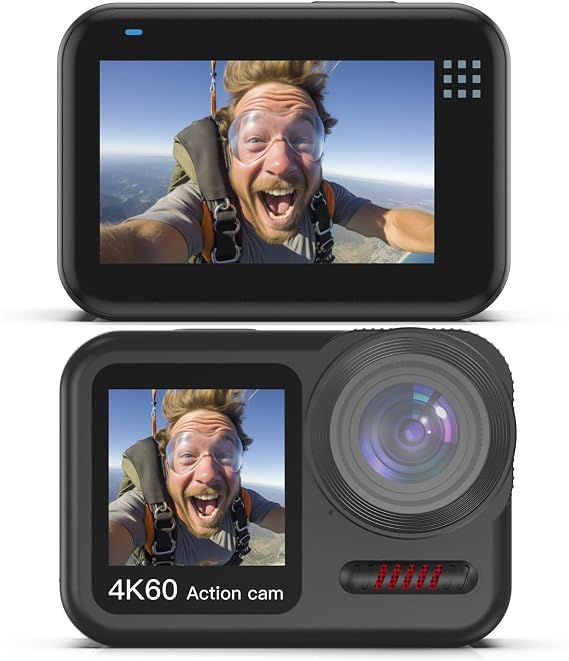 4K 60FPS Waterproof Action Camera, Bare Metal 66FT Underwater Camera, 2" Touch Dual Screen Sports 6-Axis Stabilization,2 Batteries Internal Microphone Vlog Camera for Diving Cycling Outdoor